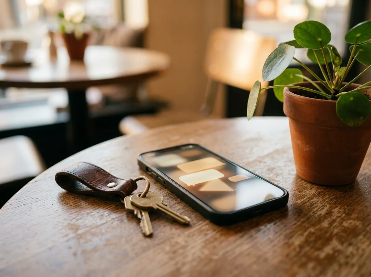 Phone and house keys on a café table