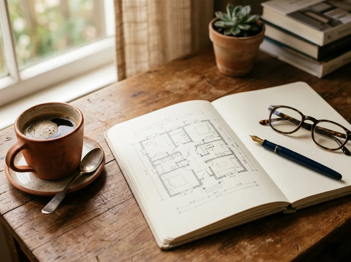 Notebook with a hand-drawn floor plan beside a cup of coffee