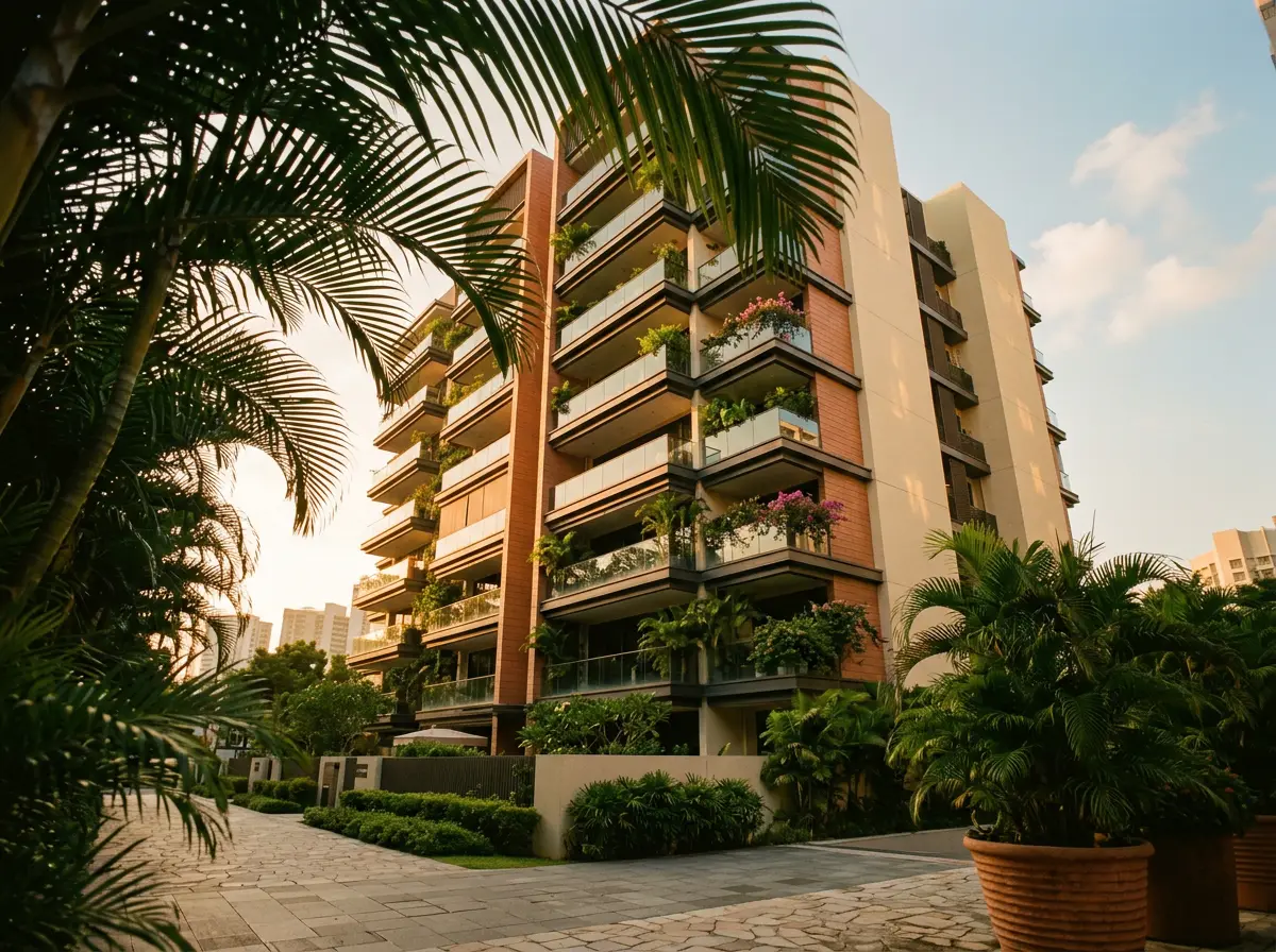 Modern Singapore condominium among tropical greenery at golden hour