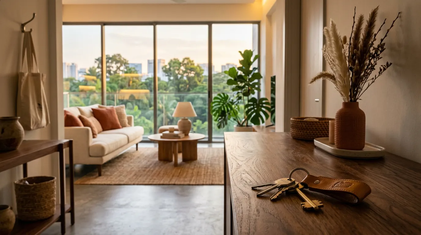 House keys on a console table in a bright Singapore condo living room