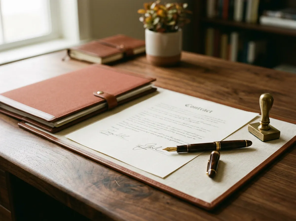Signed agreement, fountain pen and desk stamp on a walnut desk