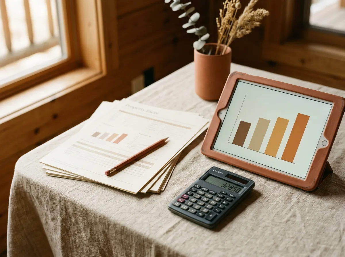 Property fact sheets, a calculator and a tablet showing a price chart